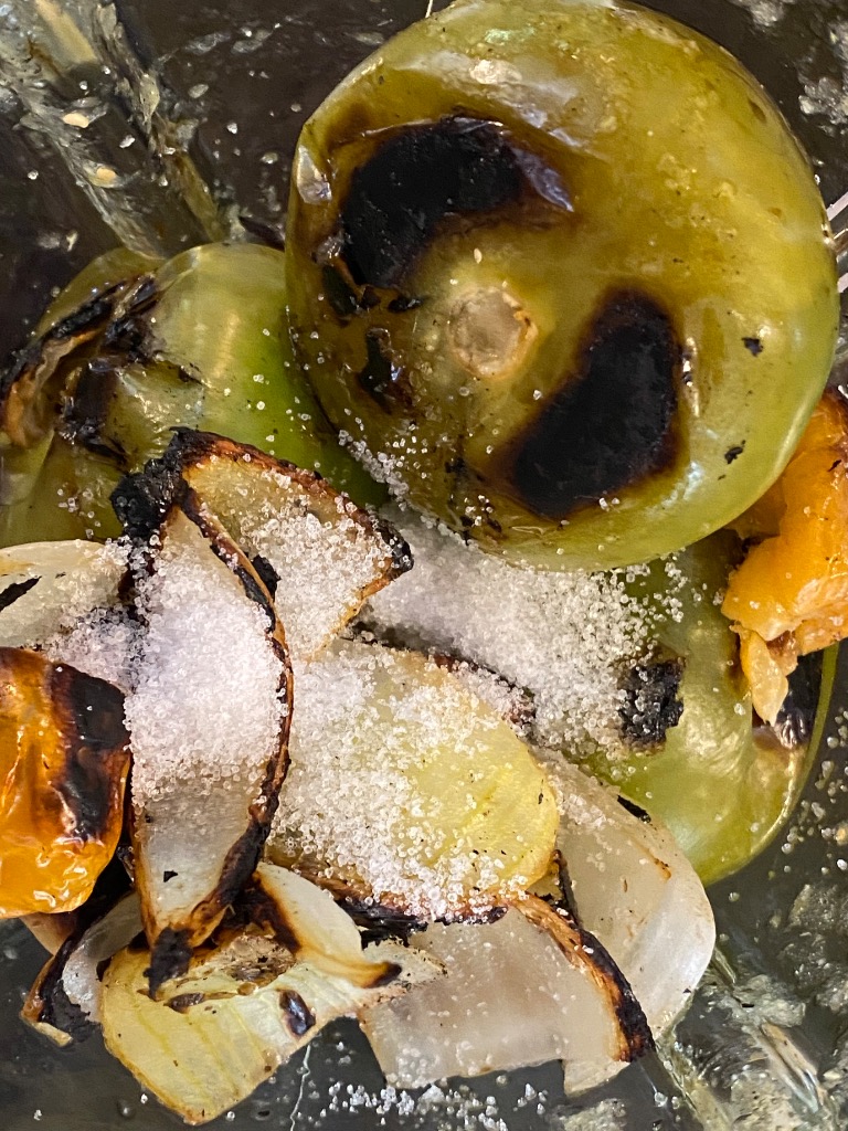 Roasted Salsa Verde ready for blending