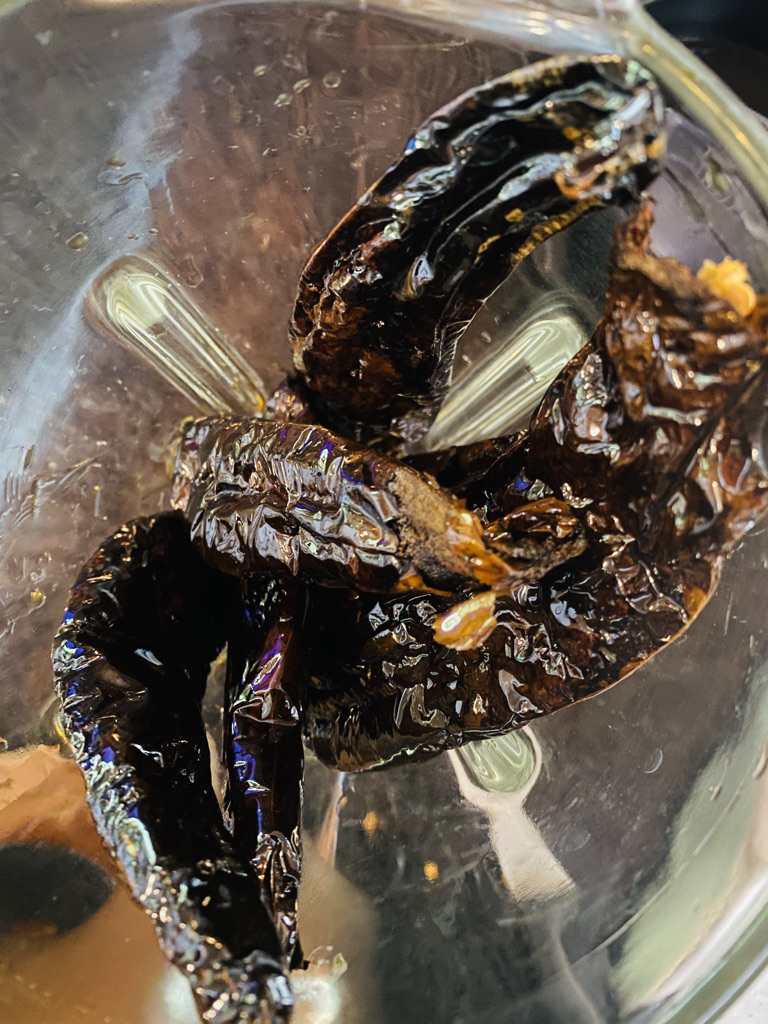 Chile pasilla salsa ingredients in blender