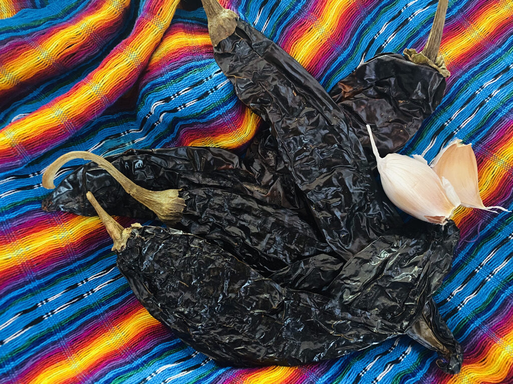 Chile Pasilla and garlic cloves on a colorful Mexican rebozo