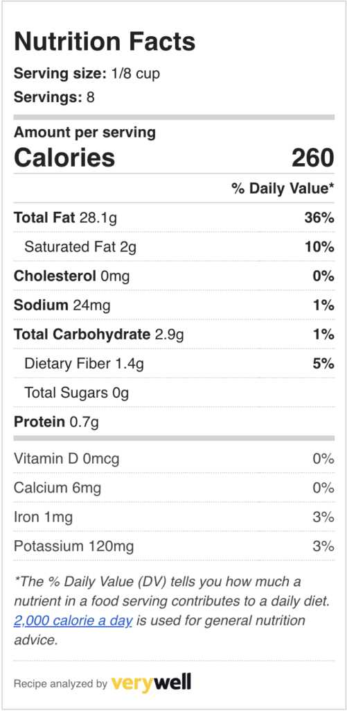 Nutrition label for salsa de chile pasilla