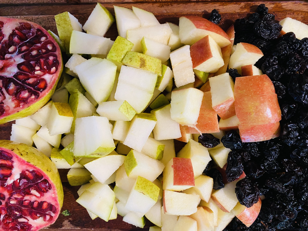 Apples, pears, pomegranates and raisins