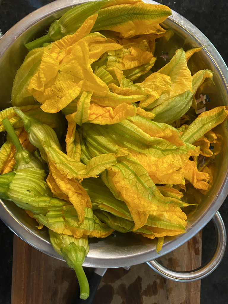 Squash blossoms, trimmed and ready to be chopped