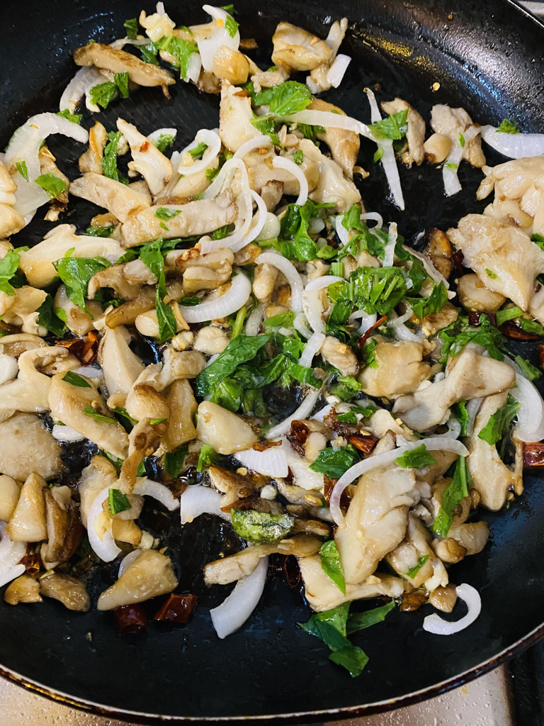 oyster mushroom filling ingredients in pan