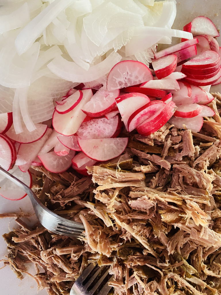 Sliced onions, radishes, and shredded beef