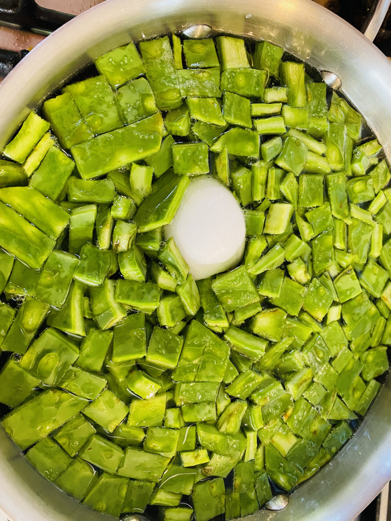 Prickly pear cactus being boiled
