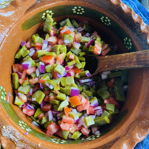 Cactus salad with red onion in a traditional Mexican pot, with a wooden spoon