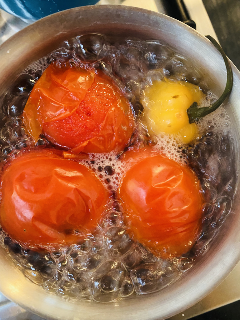 Yucatán-style tomato and habanero salsa ingredients finished cooking
