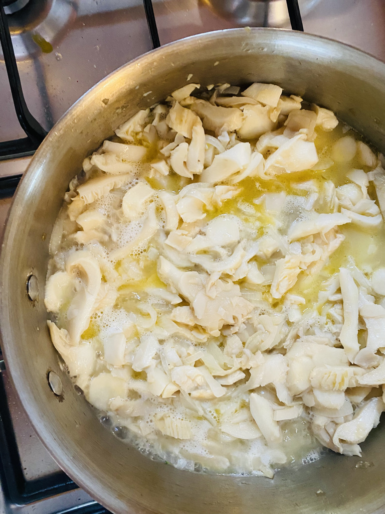 Oyster mushrooms cooking