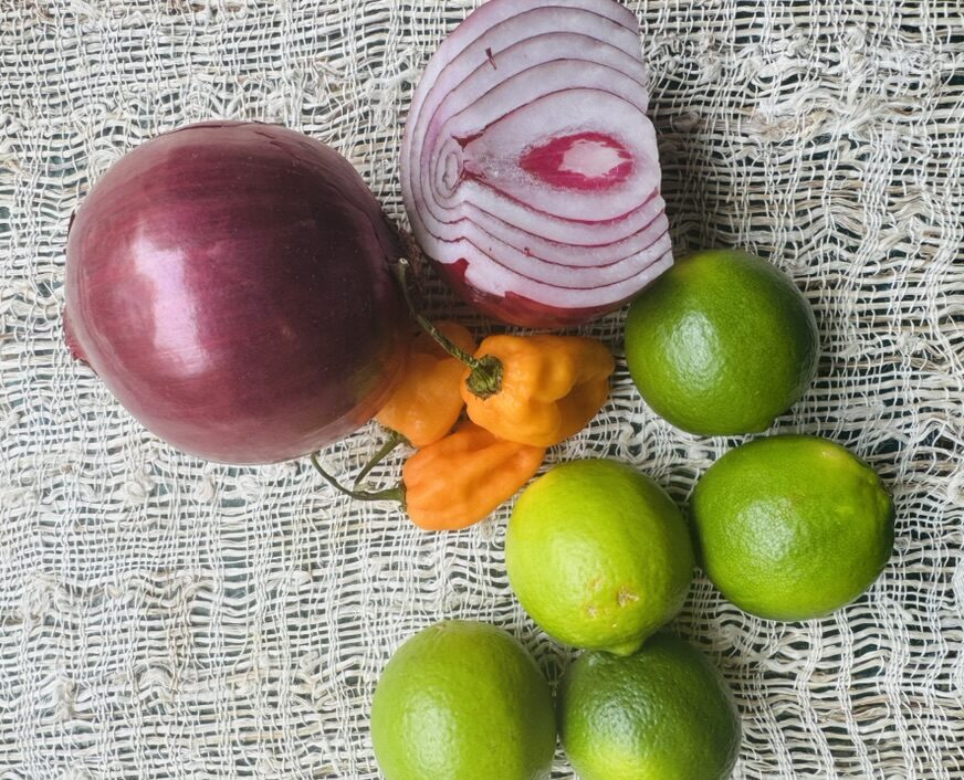 Red onion, habanero peppers, and limes on a brown tablecloth