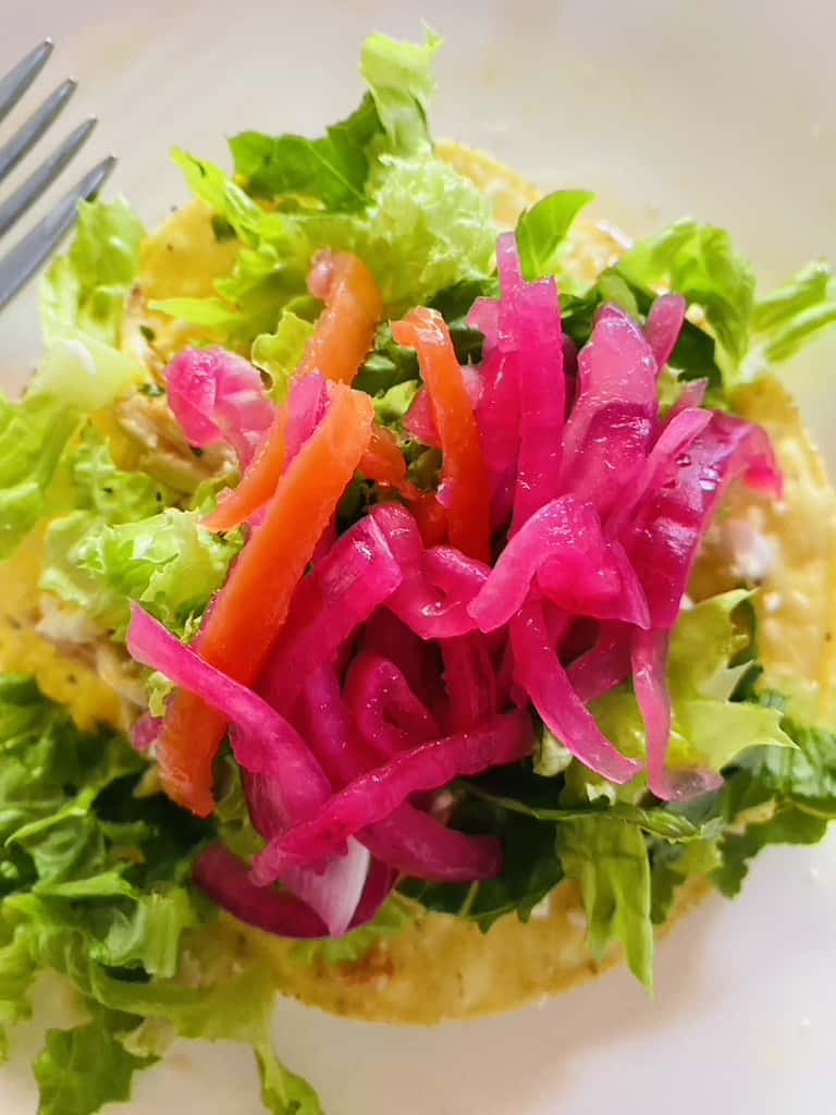 Pickled red onion and habanero salsa on tostadas