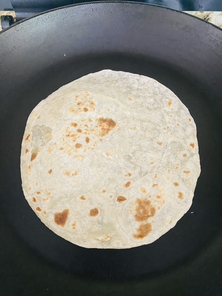 Flour tortilla in a non-stick skillet