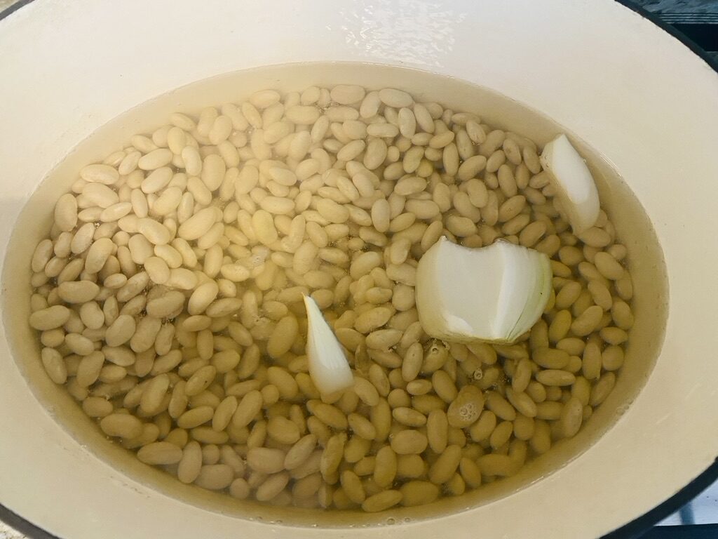 Soaked Peruvian beans in a Dutch oven with water and onion at start of cooking process