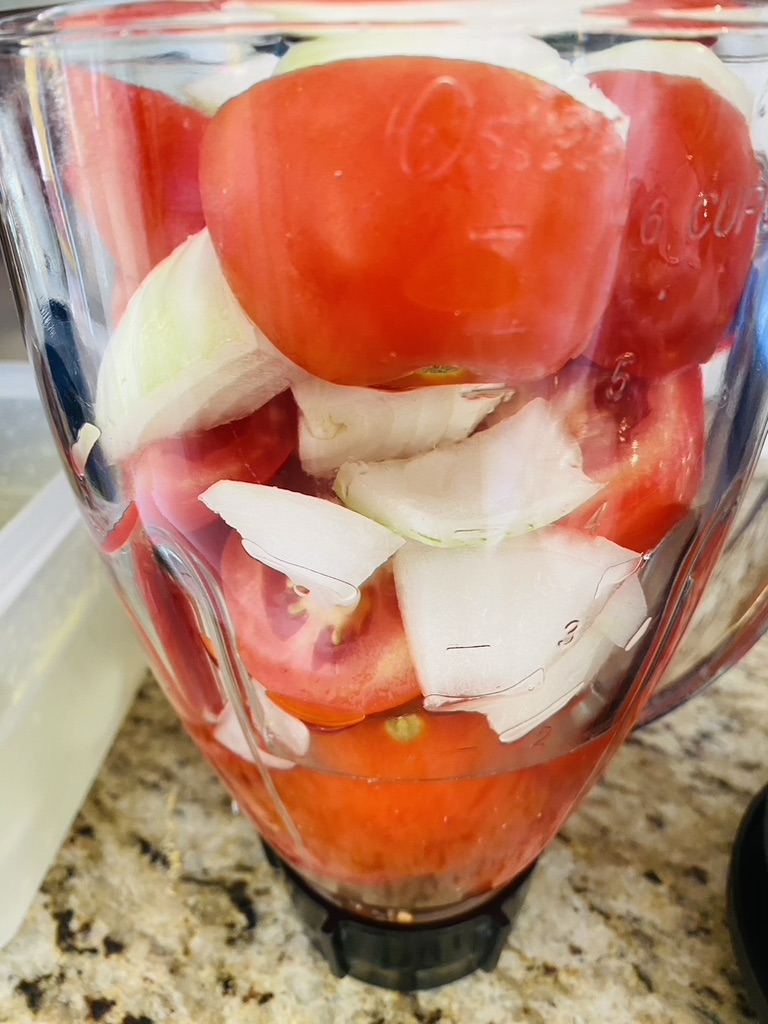 Tomato and onion chunks in a blender with garlic cloves