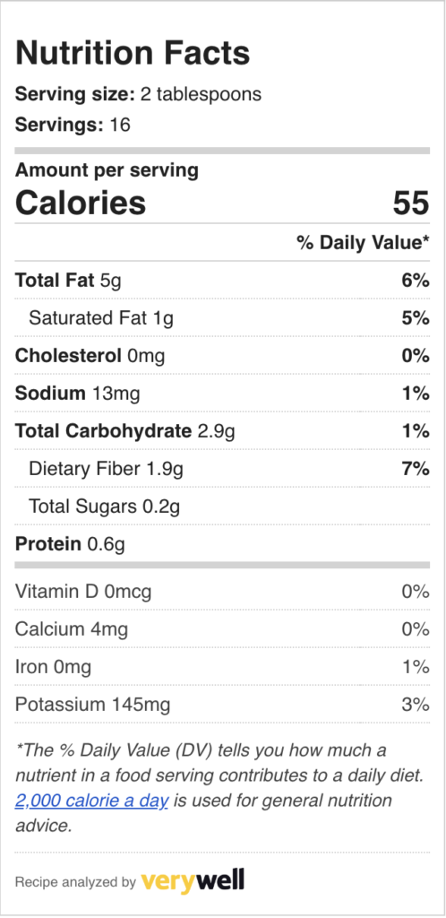 Nutrition label for avocado and tomatillo salsa