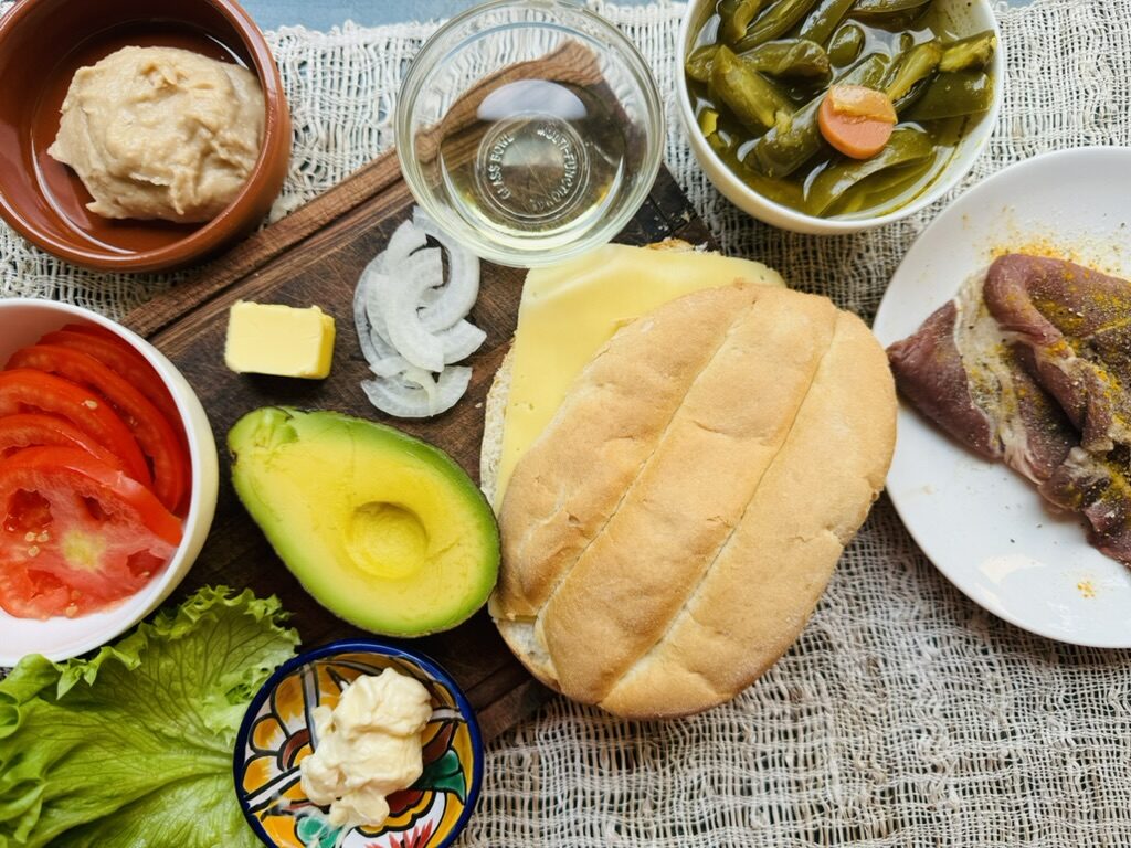 Raw ingredients for carne asada torta