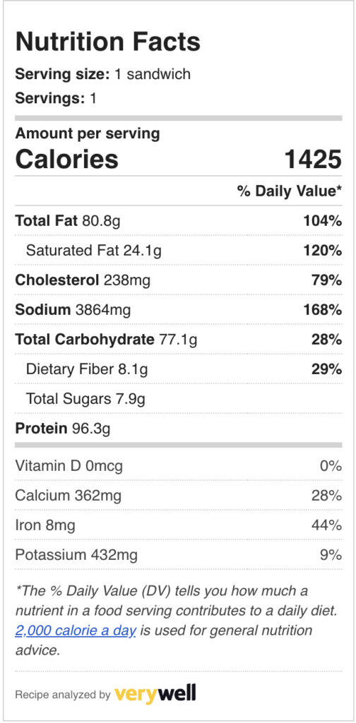Nutritional label for carne asada torta