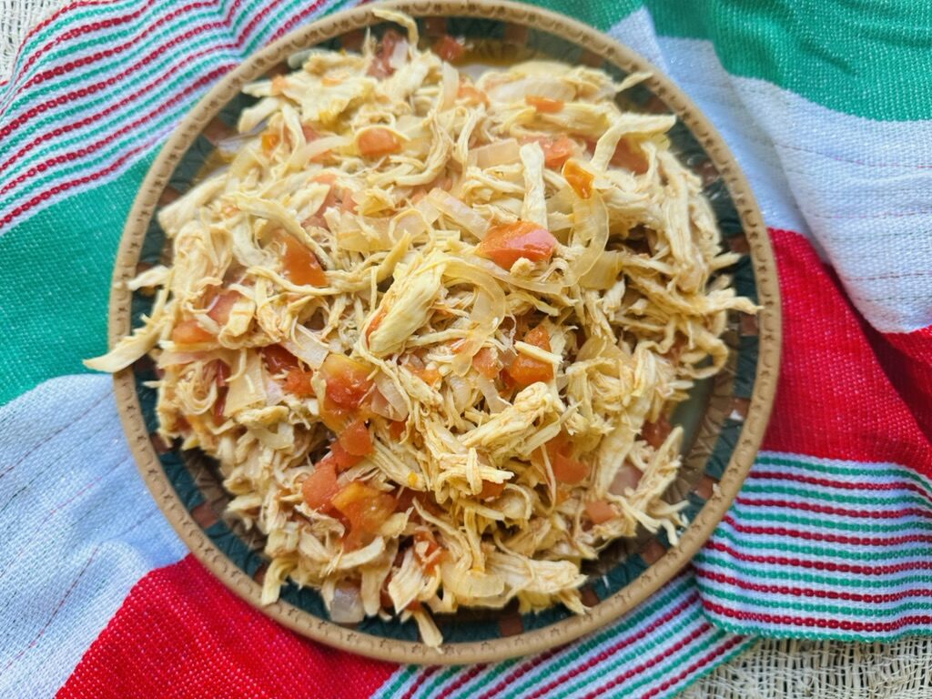 Pollo a la mexicana on a blue pottery plate with a red, green and white rebozo in the background
