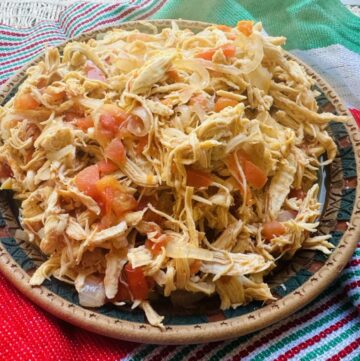 Pollo a la mexicana served on a blue pottery platter