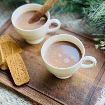 Two mugs of hot chocolate on a wooden cutting board with pine bough in the background