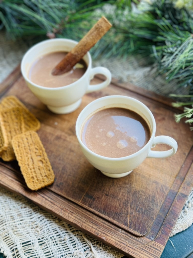 Two mugs of hot chocolate on a wooden cutting board with pine bough in the background