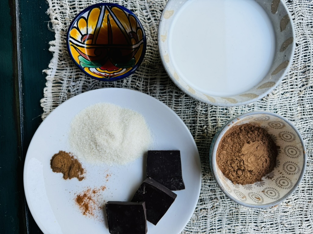 Bowl of milk, cocoa powder and vanilla. A plate with sugar, chocolate bars, cinnamon and chili powder.